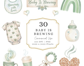 Baby is Brewing Watercolor Clipart PNG, Sage Coffee Decor Illustrations, Coffee Baby Shower PNG Digital Download