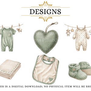 Puede incluir: Ilustraci&oacute;n en acuarela de art&iacute;culos para beb&eacute;s, que incluyen un body verde, una decoraci&oacute;n en forma de coraz&oacute;n, una manta, un babero y botines. La imagen incluye el texto "DESIGNS" y "THIS IS A DIGITAL DOWNLOAD; NO PHYSICAL ITEM WILL BE SHIPPED."