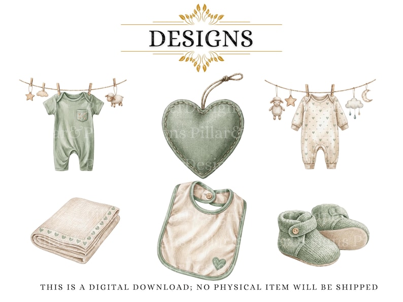 Puede incluir: Ilustraci&oacute;n en acuarela de art&iacute;culos para beb&eacute;s, que incluyen un body verde, una decoraci&oacute;n en forma de coraz&oacute;n, una manta, un babero y botines. La imagen incluye el texto "DESIGNS" y "THIS IS A DIGITAL DOWNLOAD; NO PHYSICAL ITEM WILL BE SHIPPED."