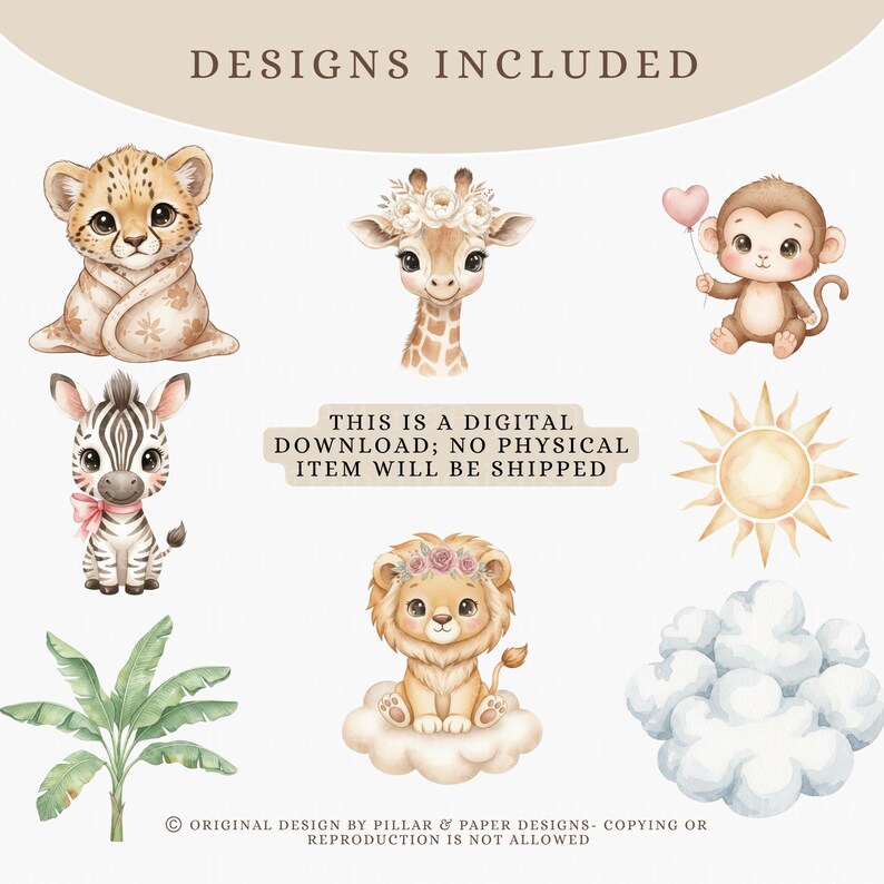 Safari Boho Baby Animals Watercolor Clipart, Cute Baby Animals PNG ...