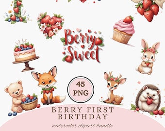 Premier anniversaire des baies aquarelle Clipart PNG, illustrations de décoration aux fraises, baies douces, Invitation baby shower, téléchargement numérique