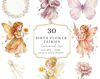 Birth Month Flower Fairy Clipart, Watercolor Fairy PNG, Birth Flower Fairies, Whimsical Fairy Clipart for Cards, Scrapbooking & DIY Crafts