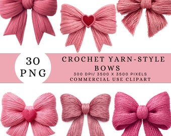 Crochet Bow Clipart Set, Faux Yarn Ribbon Bows PNG, Coquette Knitted Bow Graphics for Cards, Scrapbook, Sublimation, Stickers & DIY Crafts