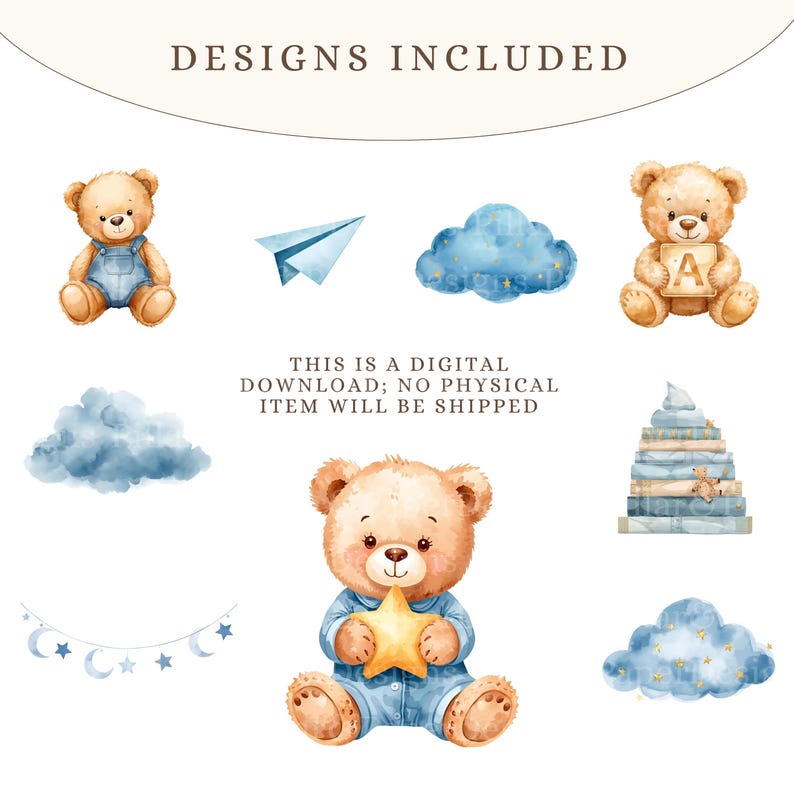 Teddy Bear Baby Shower Clipart PNG, Baby Boy Clipart, Watercolor Blue ...