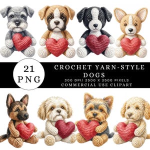 May include: A collection of crochet yarn-style dog figurines, each holding a red heart. The dogs vary in breed and color, with the text "CROCHET YARN-STYLE DOGS" and "21 PNG" displayed. The image is a commercial use clipart.