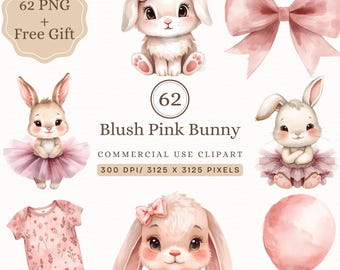 Pink Bunny Clipart PNG, Boho Bunny, Bunny Baby Shower Girl Watercolor PNG, Ballerina Bunny, Rabbit Baby Shower, Floral Bunny Nursery Digital