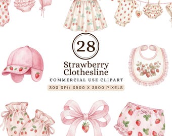 Clipart de tendedero de fresa para bebé, clipart de tendedero para guardería, clipart de tendedero para baby shower de niña, descarga digital