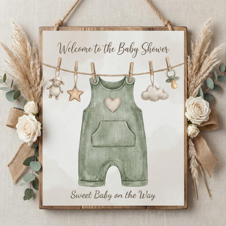 Puede incluir: Un letrero de baby shower enmarcado en madera con el texto "Welcome to the Baby Shower" y "Sweet Baby on the Way". El letrero presenta una ilustraci&oacute;n de acuarela de un mono de beb&eacute; verde, una oveja, una estrella, una nube y un chupete.