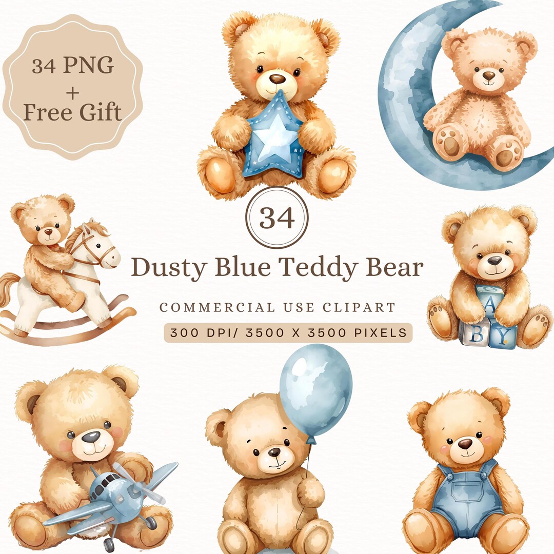Teddy Bear Baby Shower Clipart PNG, Baby Boy Clipart, Watercolor Blue ...