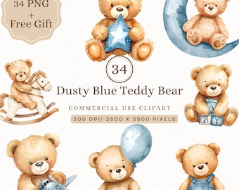 Teddybeer babyshower clipart PNG, babyjongen clipart, aquarel blauwe teddybeer kwekerij clipart, teddybeer babyshower babyshower clipart digitaal