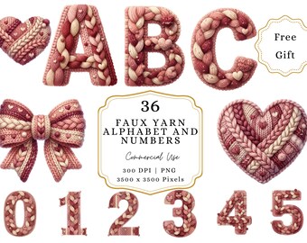 Valentines Knitted Alphabet Clipart, Faux Yarn Letters A-Z & Numbers, Crochet Letters Font for Sublimation, Stickers, Cards, Scrapbooking
