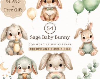 Bunny Boy Clipart PNG, Neutral Bunny Images, Bunny Baby Shower Watercolor PNG, Rabbit Baby Shower, Baby Boy Bunny Nursery, Digital Download