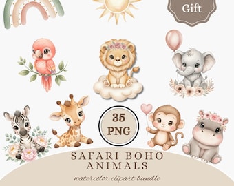 Safari Boho Baby Tiere Aquarell Clipart, niedliche Baby Tiere PNG, Boho Tiere Clipart Bundle, Safari Kindergarten PNG, Baby Dusche Clipart