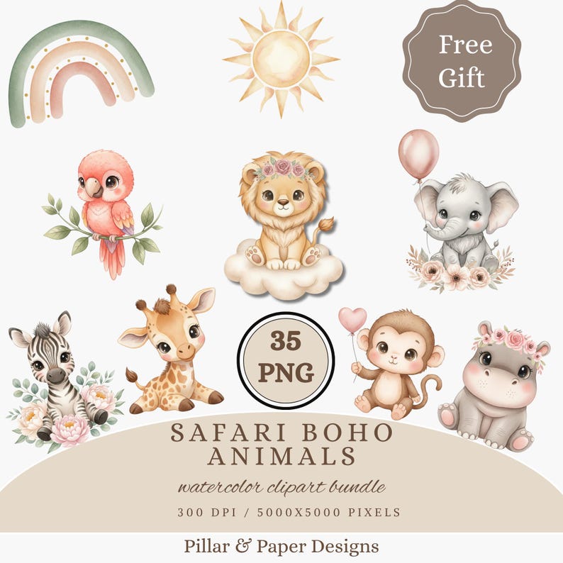 Safari Boho Baby Animals Watercolor Clipart, Cute Baby Animals PNG ...