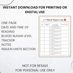 Printable Blood Sugar Log, Glucose Tracker PDF, Diabetes Log Sheet, Insulin Log, Digital Download, Daily Glucose Log Planner