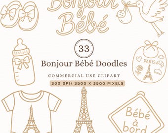 Paris Baby Shower Clipart PNG, Hand Drawn Doodle Neutral Baby Shower Graphics, Parisian Baby Shower Illustrations, Digital Download