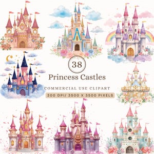 Può includere: Una collezione di illustrazioni ad acquerello di castelli delle fiabe in vari colori, tra cui rosa, blu e oro. L'immagine include il testo "Princess Castles" e "Commercial Use Clipart".