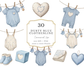 Clipart de tendedero para bebé niño, clipart de tendedero para bebé, clipart de tendedero para baby shower de niño azul, descarga digital