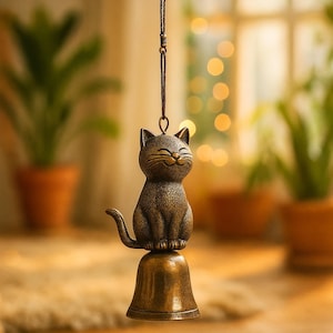 Cute Bronze Cat Wind Chime – Garden Hanging Decoration – Lucky Cat Bell Ornament – Outdoor Vintage Style Cat Chime – Decorative Home Accent