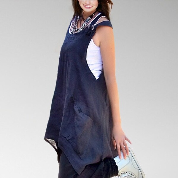Linen cotton Navy deep blue women dresses/loose cut tunics/plus size/maxi tops/holiday dresses/handmade in France