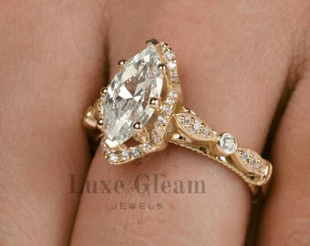 Anello di fidanzamento con diamante Halo taglio marquise, stile vintage