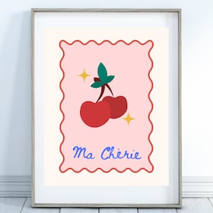Ma Chérie Cherry Digital Print | French Quote Wall Art | Bold Cherry Graphic Printable | Whimsical Kitchen Decor | Instant Download
