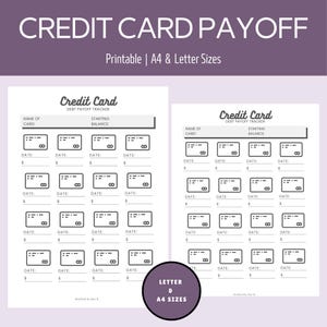 May include: Printable credit card payoff tracker with space to record card name, starting balance, and payment dates. Includes A4 and Letter sizes. The design features a purple header with white text.