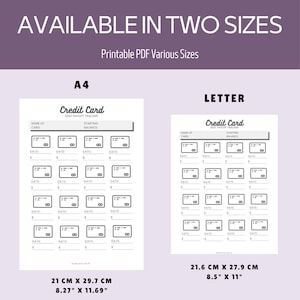 May include: A printable PDF debt payoff tracker available in two sizes: A4 (21 cm x 29.7 cm) and Letter (21.6 cm x 27.9 cm). The design includes sections for tracking credit card debt, with fields for card name, starting balance, and payment dates. The text "Credit Card Debt Payoff Tracker" is visible.