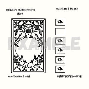 Puede incluir: Diseño de portada de libro vintage inspirado en rosas en blanco y negro. El diseño presenta un marco floral con rosas y hojas, e incluye archivos SVG y PNG. El texto incluye "Vintage Rose Inspired Book Cover Design", "High-Resolution & Scalable" y "Instant Digital Download".