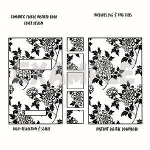 Op de afbeelding: Een digitaal ontwerp voor een boekomslag met een romantisch bloementhema. Het ontwerp bevat zwart-witte bloempatronen en de tekst "ROMANTIC FLORAL INSPIRED BOOK COVER DESIGN". Het ontwerp bevat ook de tekst "INCLUDES SVG & PNG FILES", "HIGH-RESOLUTION & SCABLE" en "INSTANT DIGITAL DOWNLOAD".