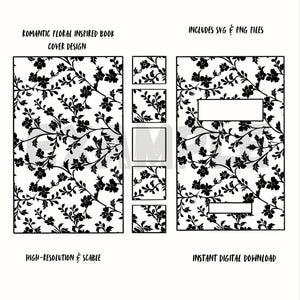 Peut inclure: Conception numérique de couverture de livre avec un motif floral noir sur fond blanc. Le design comprend le texte "ROMANTIC FLORAL INSPIRED BOOK COVER DESIGN" et "INCLUDES SVG & PNG FILES". Haute résolution et évolutif.