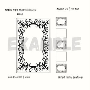 Op de afbeelding: Zwart-wit digitaal ontwerp voor een vintage flame-geïnspireerde boekomslag. Het ontwerp bevat een centraal rechthoekig frame met een vlamachtige rand en kleinere frame-ontwerpen. Tekst bevat "Vintage Flame Inspired Book Cover Design" en "Includes SVG & PNG Files".
