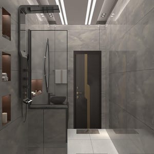 May include: Modern bathroom design featuring gray marble-look tiles, recessed shelving, and a glass shower enclosure. The space includes a dark vanity with a black sink, a large oval mirror, and a dark wood door with gold accents. Overhead, recessed lighting illuminates the room.