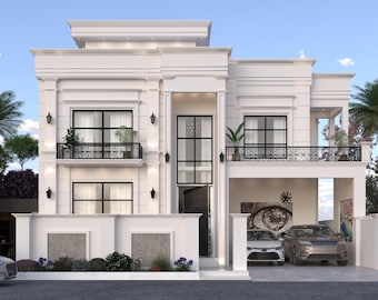 May include: A modern, two-story white house with black window frames and balconies. The house features a covered garage with two cars parked inside. Palm trees and other greenery surround the house, and the sky is blue.