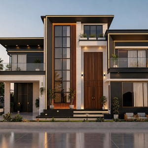 May include: A two-story modern house with a dark gray and white exterior, featuring a tall central glass window, a large wooden front door, and balconies with glass railings. The structure is surrounded by palm trees and outdoor lighting.