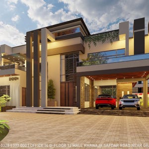 May include: Modern two-story house with a beige and dark gray exterior. The house features large windows, a covered carport with two cars, and a landscaped front yard. The sky is blue with scattered clouds. The Horizon Architecture is listed at the bottom.