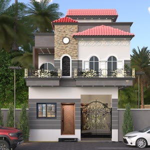 Modern Spanish House Design 22x51 | 5 Marla Architectural Plans | Pdf Files | Front Elevation + Floor Plan |