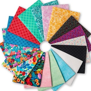 May include: A collection of colorful fabric squares arranged in a circular pattern. The fabrics feature various patterns, including floral, geometric, and polka dots, in shades of red, blue, green, pink, yellow, and black. Ideal for quilting and crafting projects.