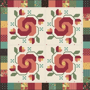 May include: A patchwork quilt featuring four large floral designs in shades of red, peach, and green on a cream background. The quilt has a border of patterned fabric squares in various colors and patterns. The overall design is symmetrical and visually appealing.