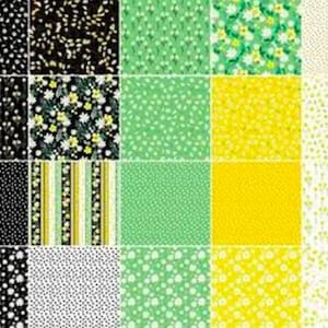 May include: A grid of fabric swatches showcasing various floral and dotted patterns. The color palette includes black, white, green, and yellow. Some swatches feature small, repeating floral designs, while others have polka dots or striped patterns.