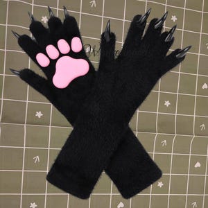 Full Finger Plush Furry Cat Paw Gloves Long Warm Claw Mittens