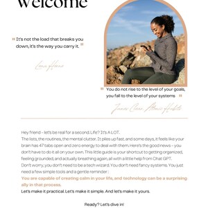 May include: A book cover with the title "A Warm Welcome" and a woman using a smartphone. The text includes quotes about managing life's challenges and a guide to an organized life.