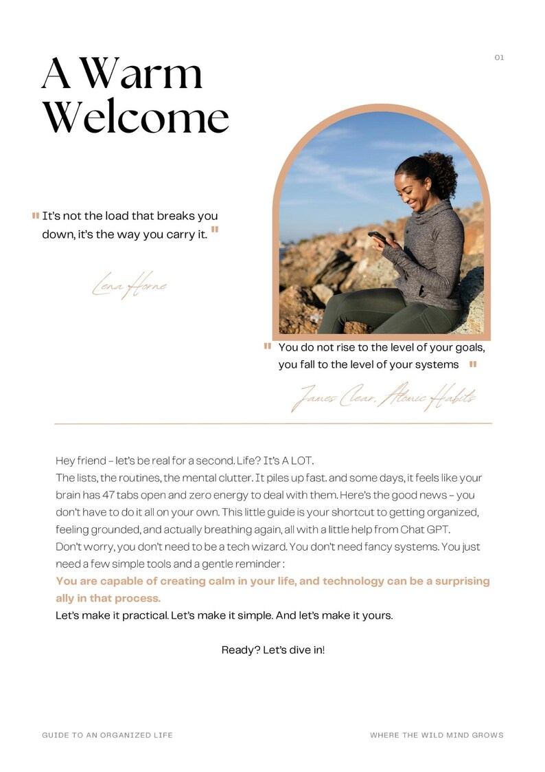 May include: A book cover with the title "A Warm Welcome" and a woman using a smartphone. The text includes quotes about managing life's challenges and a guide to an organized life.