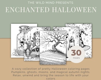 May include: A collection of black and white Halloween-themed coloring pages. The text on the image reads "ENCHANTED HALLOWEEN" and "30 PAGES". The image includes illustrations of a witch, a skull, a tree, and a witch's hat.