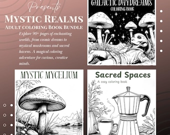 Może przedstawiać: Zestaw książek do kolorowania dla dorosłych "Mystic Realms" z czterema tytułami: "Galactic Daydreams", "Mystic Mycelium" i "Sacred Spaces". Książki zawierają czarno-białe ilustracje grzybów, kosmity i kawiarki.