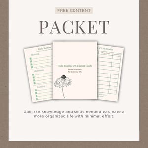 May include: A packet of printable planner pages with the text "Daily Routine & Cleaning Guide" and "Task Tracker." The cover features a floral illustration. The words "FREE CONTENT" and "PACKET" are at the top.