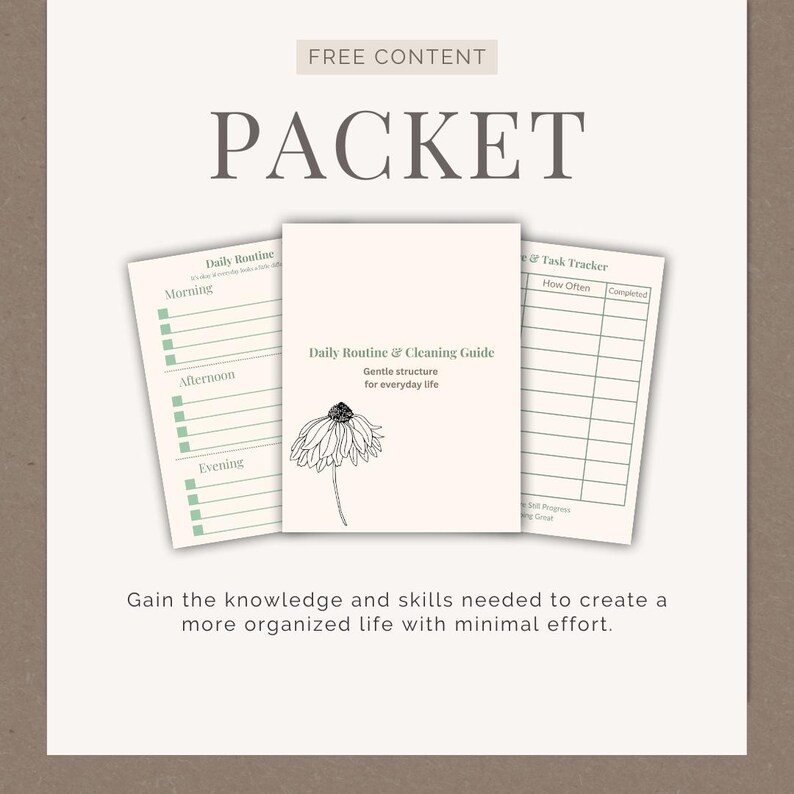 May include: A packet of printable planner pages with the text "Daily Routine & Cleaning Guide" and "Task Tracker." The cover features a floral illustration. The words "FREE CONTENT" and "PACKET" are at the top.