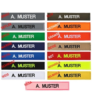 Embroidered name tag in many colors and sizes with sewn-on Velcro (hook)