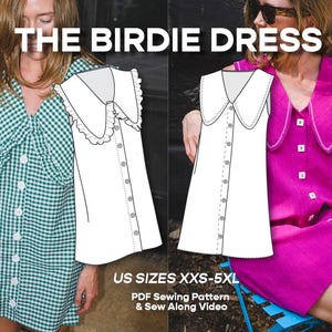 May include: The image presents two examples of "The Birdie Dress." One is a green and white check, the other is a bright pink. Both dresses have a large, rounded collar and a button-down front. The text "THE BIRDIE DRESS" is at the top of the image.