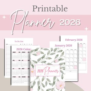 May include: A printable 2026 planner with a floral design. The cover features a watercolor pattern of green leaves and pink flowers. The planner includes a to-do list, calendar pages for January and February, and a 2026 calendar.